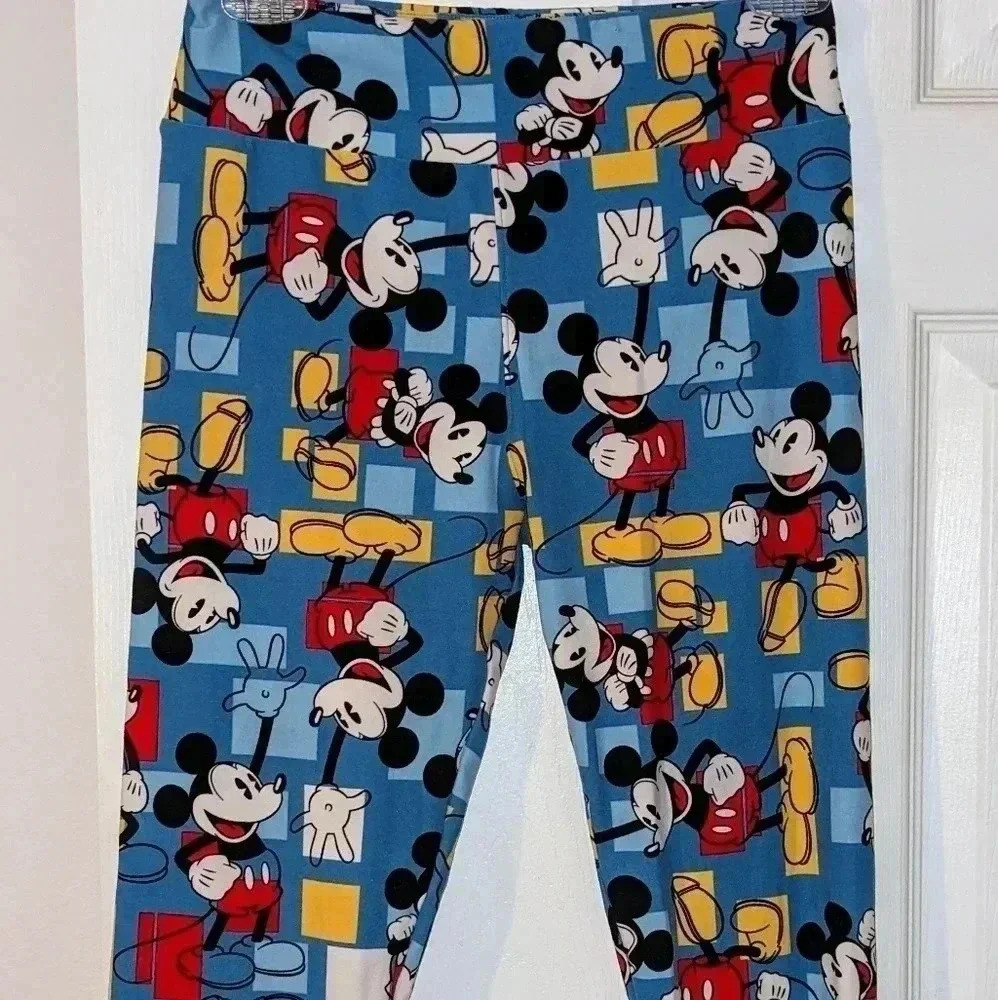 LuLaRoe Blue Red Yellow Black White Disney Mickey Mouse One Size Leggings 26x26